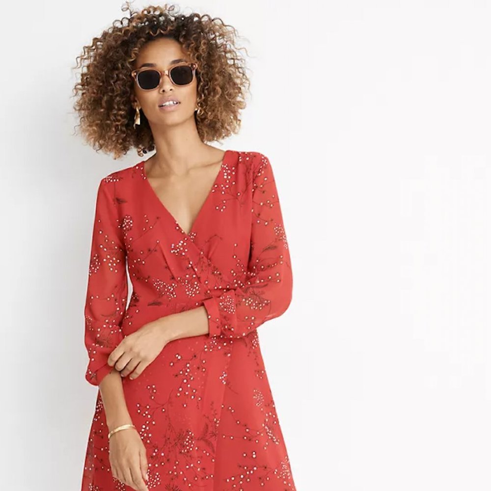 Madewell Red Long Sleeve Hazelwood Wrap-Front Mini Dress in Windswept Floral 00